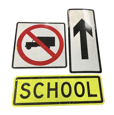 Lot 106 - Group of three American traffic signs to include a school sign measuring 91.5cm in overall length, (3).
