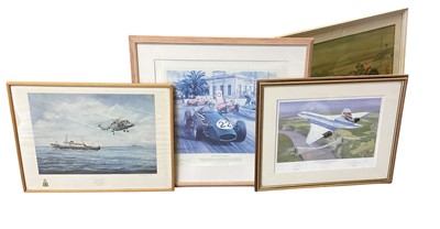 Lot 114 - Group of four motoring and aviation themed framed prints to include a signed Tony Brooks print, (4).