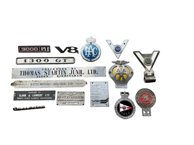 Lot 128 - Group of classic car badges and plaques to include Turbo Technics and Bentley, (1 box).