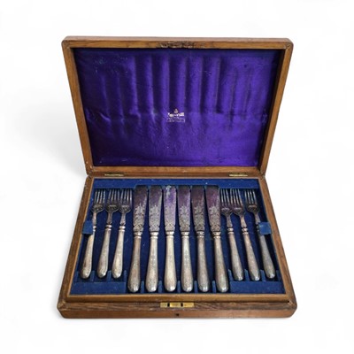 Lot 5127 - Box of miscellaneous items to include a pair of Victorian silver plated fish servers in case, similar cased set of cutlery, Victorian inkstand, 19th century scales, various antique boxes etc