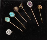 Lot 3430 - Group of six Victorian and later stick pins,...