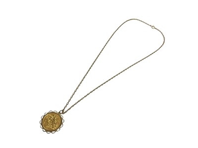 Lot 55 - Victorian gold full sovereign, 1880, in 9ct gold pendant mount on yellow metal chain