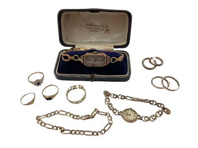Lot 922 - 1930s 9ct gold cased wristwatch on cord strap in box, 9ct gold ladies' wristwatch on 9ct gold bracelet, 9ct gold chain bracelet, four gold rings and two pairs of yellow metal hoop earrings