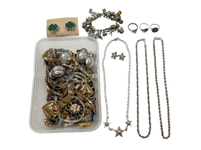 Lot 923 - Silver charm bracelet, silver chains and rings, together with vintage costume jewellery