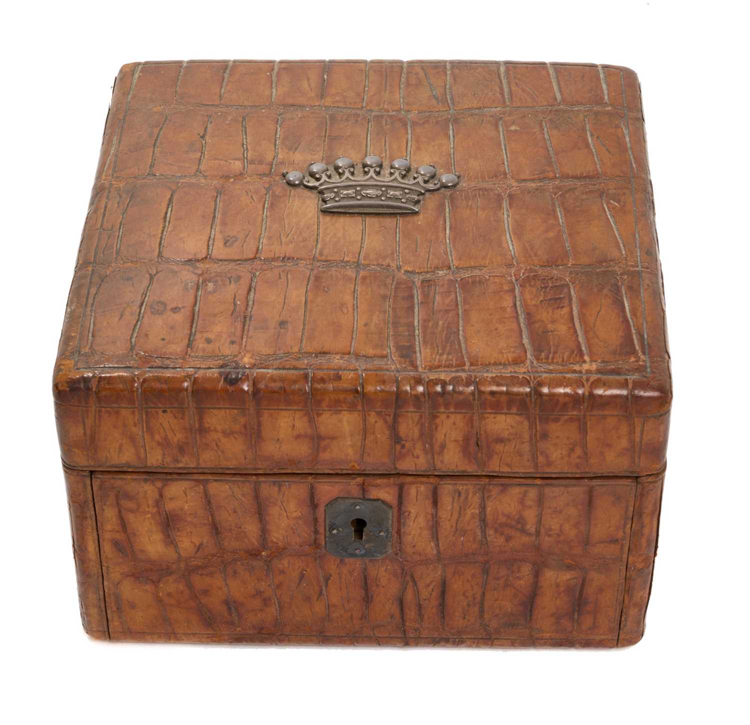 Lot 13 - Edwardian crocodile skin cigarette box with applied Baron's coronet