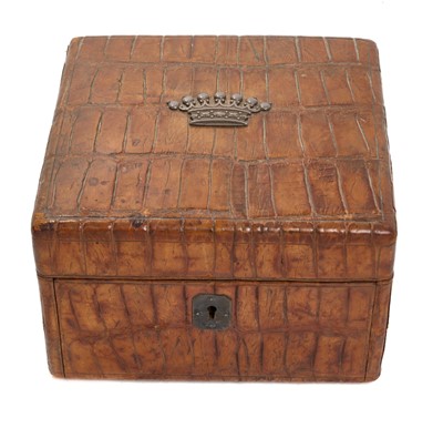 Lot 13 - Edwardian crocodile skin cigarette box with applied Baron's coronet