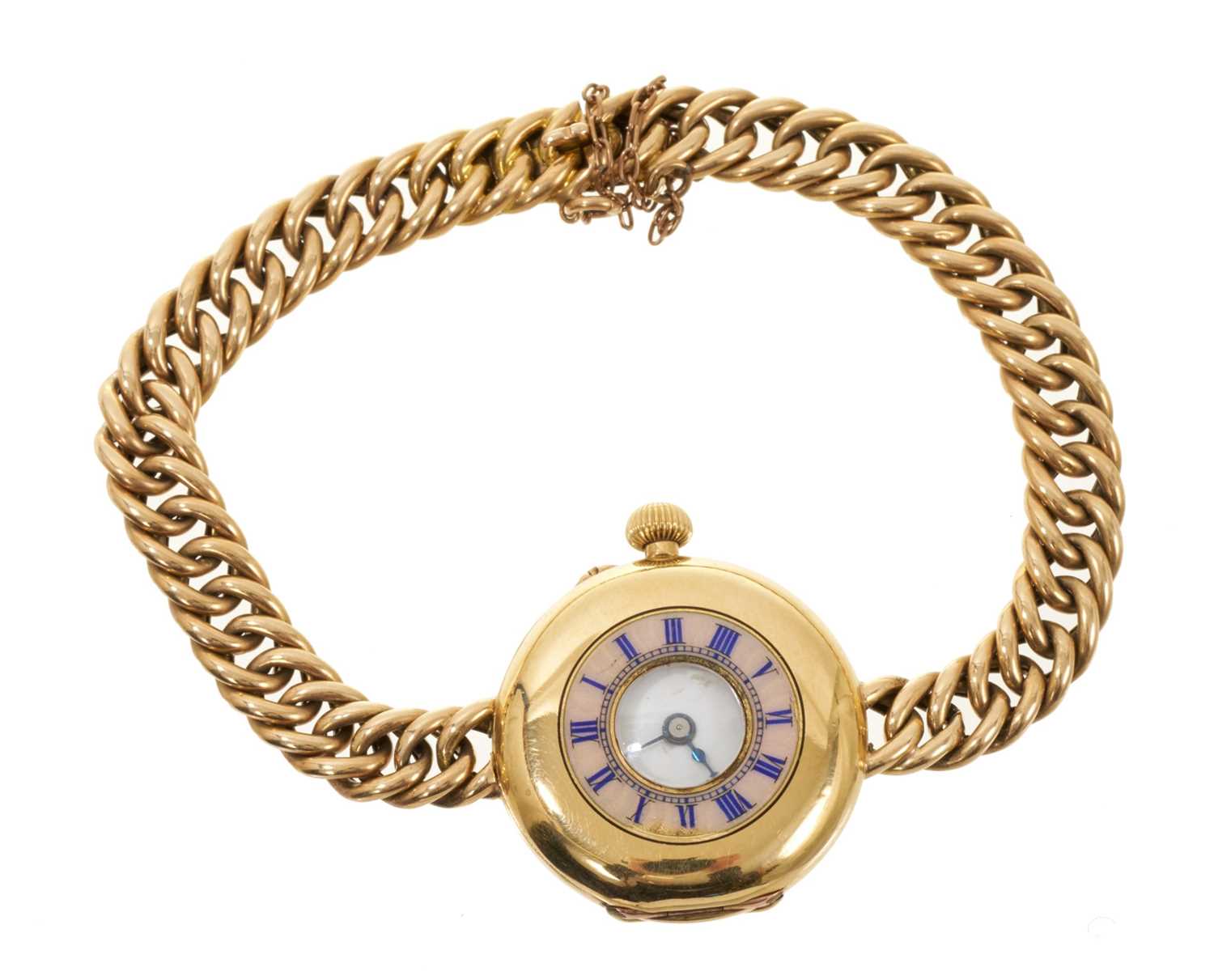 Lot 787 - Ladies' gold half hunter wristwatch on curb link chain