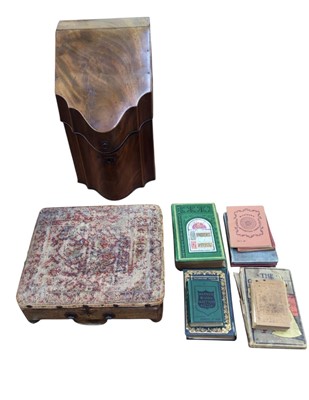 Lot 5093 - George III mahogany knife box, converted to a stationary cabinet, Victorian rosewood carriage warmer with copper flask and assorted antique books