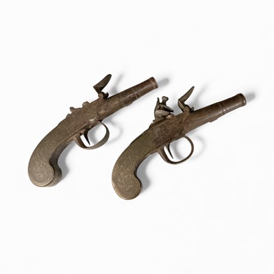 Lot 863 - Pair of late 18th century Belgian Flintlock pocket pistols with box locks signed 'Petitjean'