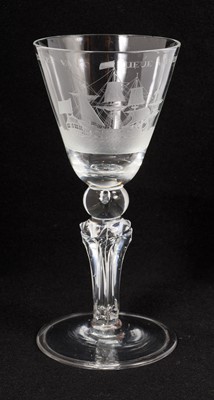 Lot 219 - Rare 18th century Dutch wine glass with etched ship and Orangist slogan