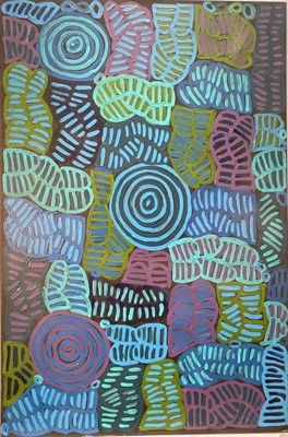Lot 34 - Betty Club Mbitjana (1954-2023) oil on linen - Blue Seed Pods, signed verso, 92cm x 61cm, unframed
