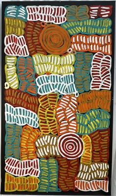 Lot 35 - Betty Club Mbitjana (1954-2023) oil on linen - Multi Seed Pods, signed verso and dated 2012, 107cm x 62cm, unframed