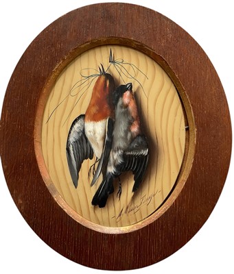 Lot 258 - Michelangelo Meucci (1840 - 1909) oval oil on board, of song birds, signed, in oak frame. 21 x 17cm.