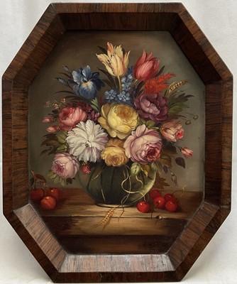 Lot 293 - E. M. Ball, early 20th century octagonal oil on board, flowers in a vase, signed in rosewood frame. 27 x 22cm.