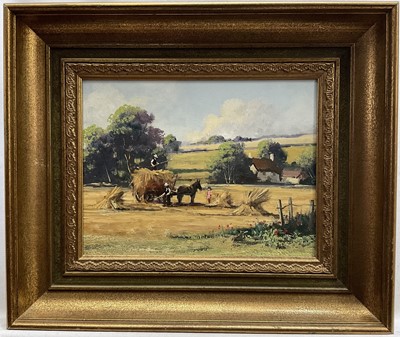 Lot 290 - Alan King of Malvern, oil on board, "Devon Harvest" signed and dated 1984 verso, in gilt frame. 16 x 21cm.