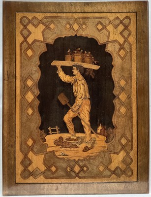 Lot 261 - Late 19th century Italian marquetry panel of a gardener carrying plants on his head and a spade in his hand, inlaid with various woods. 32 x 24cm.