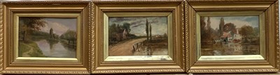 Lot 256 - Samuel Bowyer (circa 1900) Views of the Thames at Runnymede, Iffley Mill and moonlight near Offord, a set of three, signed and inscribed verso, in gilt frames. Each 11 x 17cm. (3)
