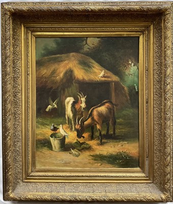 Lot 260 - Manner of Edgar Hunt (1876 - 1955) oil on canvas, goats and pigeons by a barn, in gilt frame. 50 x 40cm.