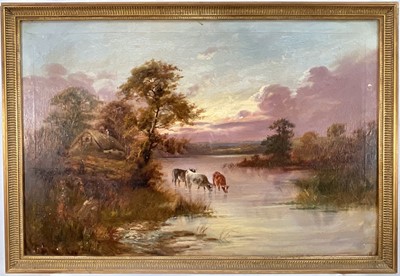 Lot 294 - English School 19th century, oil on canvas, extensive landscape, with cattle watering, in gilt frame. 49 x 74cm.