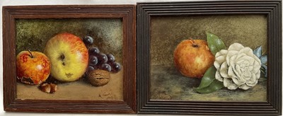 Lot 259 - Mary Ensor Act (1860 - 1897) oils on board, still life of an apple and a rose and another of apples and grapes, signed and dated 1867, framed. Each 14 x 19cm. (2)         ...