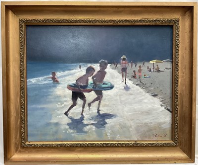 Lot 297 - Peter Z. Phillips, oil on board, children paddling in the surf on a sunny day, signed and dated '25, in gilt frame. 29 x 37cm.