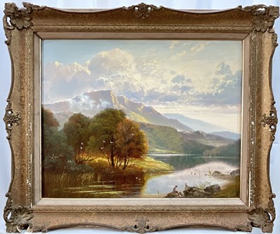 Lot 291 - Andrew Grant Kurtis, oil on canvas, mountainous river landscape with anglers in the foreground, signed, in gilt frame. 40 x 50cm.