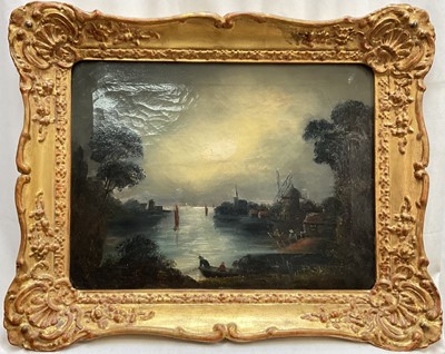 Lot 295 - English School early 19th century, oil on canvas, moonlit river landscape with fishermen in the foreground, a windmill beyond, in original gilt frame. 29 x 39cm.                                 ...
