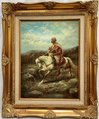 Lot 292 - Continental School 20th century, oil on board, heavily armed Arab horseman in gilt frame. 39 x 29cm.