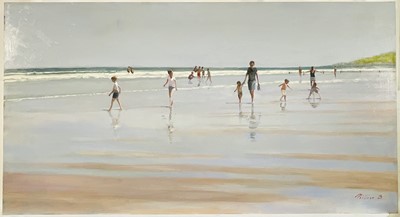 Lot 255 - Peter Z Phillips, extensive beach scene with children paddling on a sunny day, signed, unframed. 33 x 61cm.
