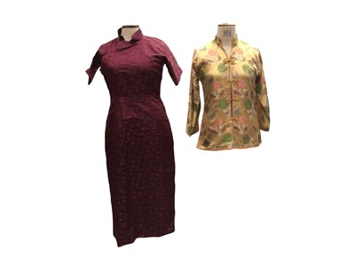 Lot 2502 - Pre-1945 Chinese silk brocade dress in maroon with butterflies and flowers. Plus a Chinese gold silk brocade jacket.