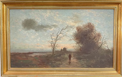 Lot 284 - Winston McQuoid (1909-1984), oil on board, Figure in a Rural Landscape, signed, 37cm x 65cm, in gilt frame