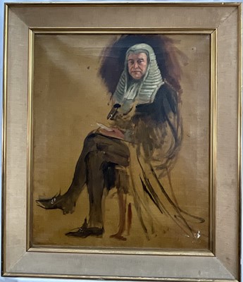 Lot 283 - Manner of Reginald Grenville Eves, 20th century, oil on canvas, portrait sketch of a judge, 61cm x 51cm, framed