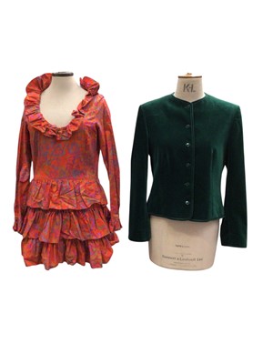 Lot 2507 - 1960s mini dress with frilled neckline, cuffs and skirt in red and purple hearts printed cotton. Stated to be Biba but no label.