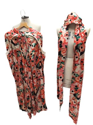 Lot 2508 - Bill Gibb 1960s-70s three-piece silk outfit comprising of wide cut trousers, turban and scarf in large stylised floral print.