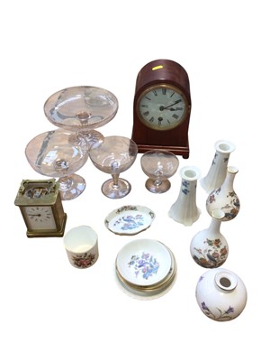 Lot 5123 - Victorian etched glassware, brass carriage clock, mahogany mantle clock together with a small group of ceramics including Royal Worcester, Spode and others