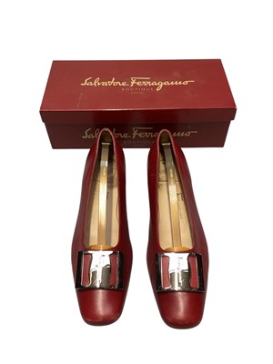 Lot 2511 - Salvatore Ferragamo red leather flat shoes with buckle size 9 1/2, with box.