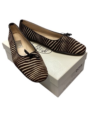 Lot 2512 - Three pairs of Emma Hope shoes including pink and gold leather heels size 41, zebra stripe flats size 40 1/2 both boxed with dust bags plus purple velvet and beads flats size 41 1/2.