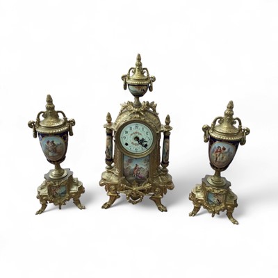 Lot 5125 - Ornate brass clock garniture measuring approximately 42cm tall