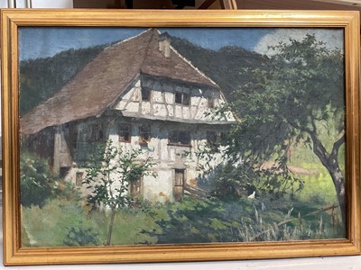 Lot 5225 - English School oil painting of a thatched cottage, Mersea Gallery label, 75cm x 50cm