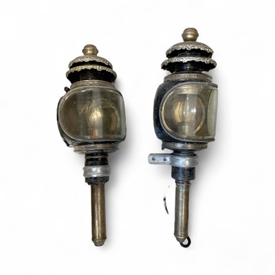 Lot 5232 - Pair of antique black painted carriage lamps converted to electricity, together with a canteen of stainless steel cutlery