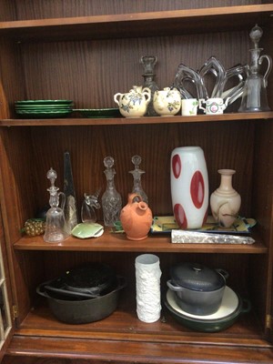 Lot 5244 - Large quantity of ceramics, glass, and cast iron cookware, to include majolica cabbage leaf dishes, cut glass decanters, art glass, etc