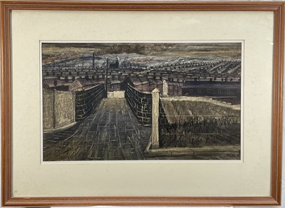 Lot 63 - Thomas William Ward (1918-2000) mixed media, Industrial Suburb, signed, 38cm x 64cm, glazed frame
