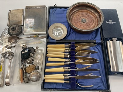 Lot 906 - Silver Armada dish, silver handled items, Aquascutum stainless steel hipflask in box as new, plated ware and bijouterie