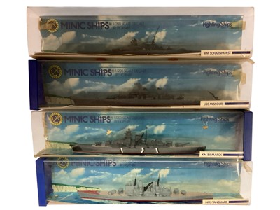 Lot 1773 - Hornby Minic Ships 1:1200 scale diecast Fighting Ships including HMS Vanguard, KM Bismarck, USS Missouri, KM Scharnhorst, HMS Bulwark (x2) & IJN Yamato (x2), plus Submarine and Cruise Liner...