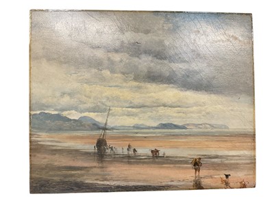 Lot 1188 - 19th century oil on board, figures offloading at low tide