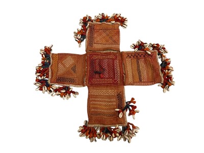 Lot 2533 - Indian Bajari textiles decorated with cowrie shells including Spice bag, appliqued and embroidered panels