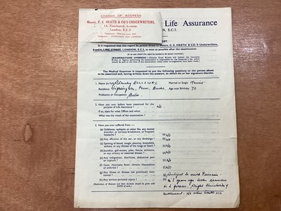 Lot 1114 - Stanley Holloway (1890-1982) original life assurance policy - an interesting document listing his profession as 'actor', his alcohol consumption as 'Occasional drinks only', and mentioning his '...