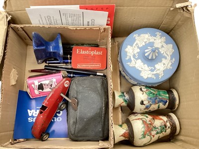 Lot 93 - Sundry items, including a pair of Chinese crackle glaze vases, an Olympus Trip 35 camera, clockwork tinplate car, pens etc