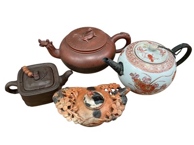 Lot 188 - Chinese Yixing teapot and an 18th century Chinese teapot with pewter spout