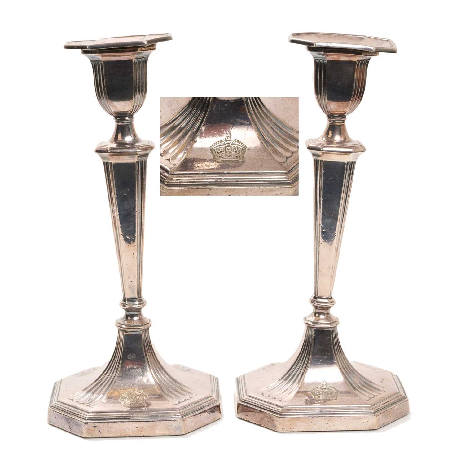 Lot 40 - Pair 1930s silver plated candlesticks, with engraved Royal Kings Crown to foot, probably for British embassy or Government Colonial residence use, 24cm